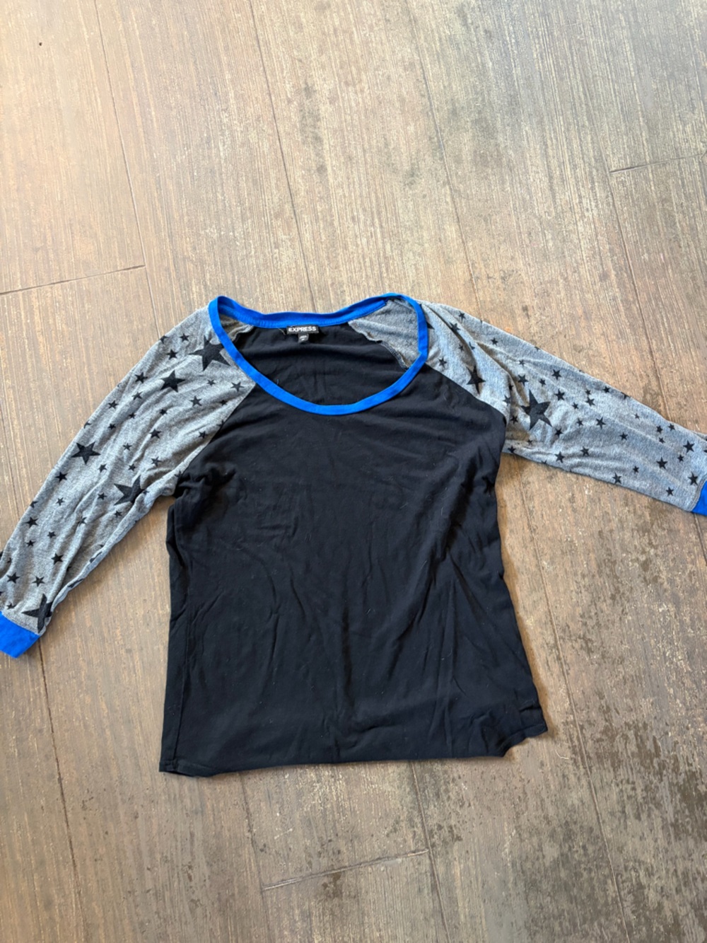 Express Girls Black Tee with Gray Star Raglan Sleeves and Blue Trim